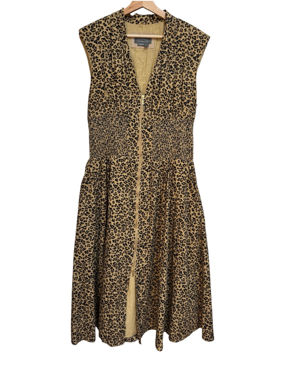 Anthropologie Tommie Leopard Cap Sleeve Smocked Front Zip Midi Shirt Dress Large